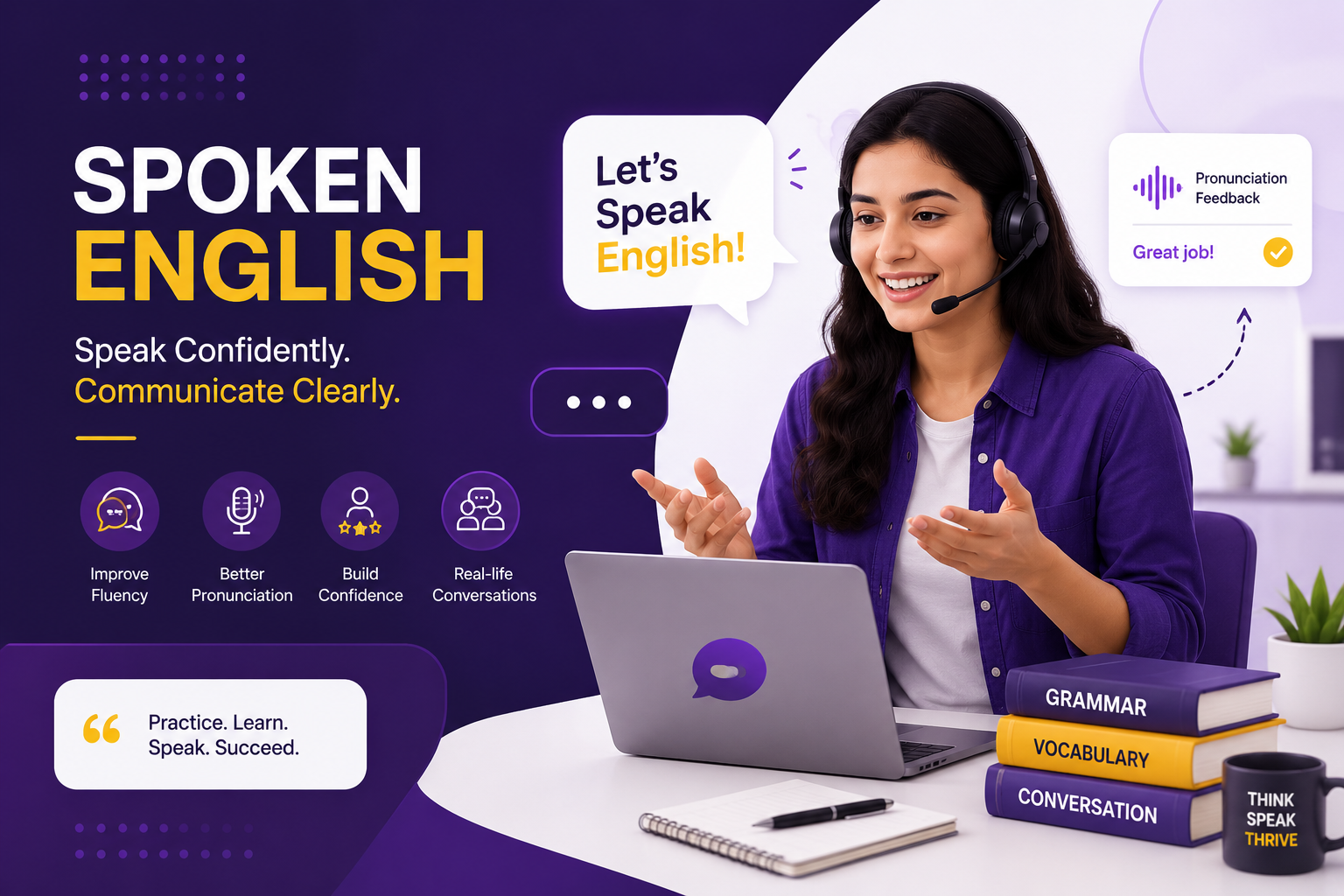 Spoken English course artwork showing online conversation practice